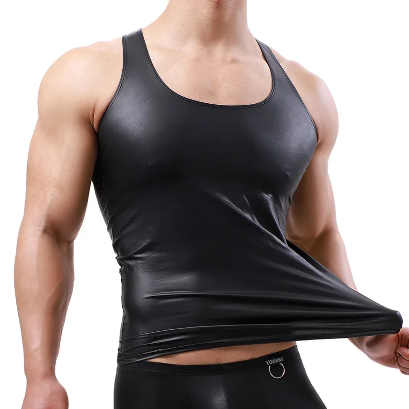 Sexy Men's Undershirts Nightclub Stage Sleeveless PU Leather T-Shirts Sexy Vest Male Slim Faux Leather Tank Tops Man Clubwear