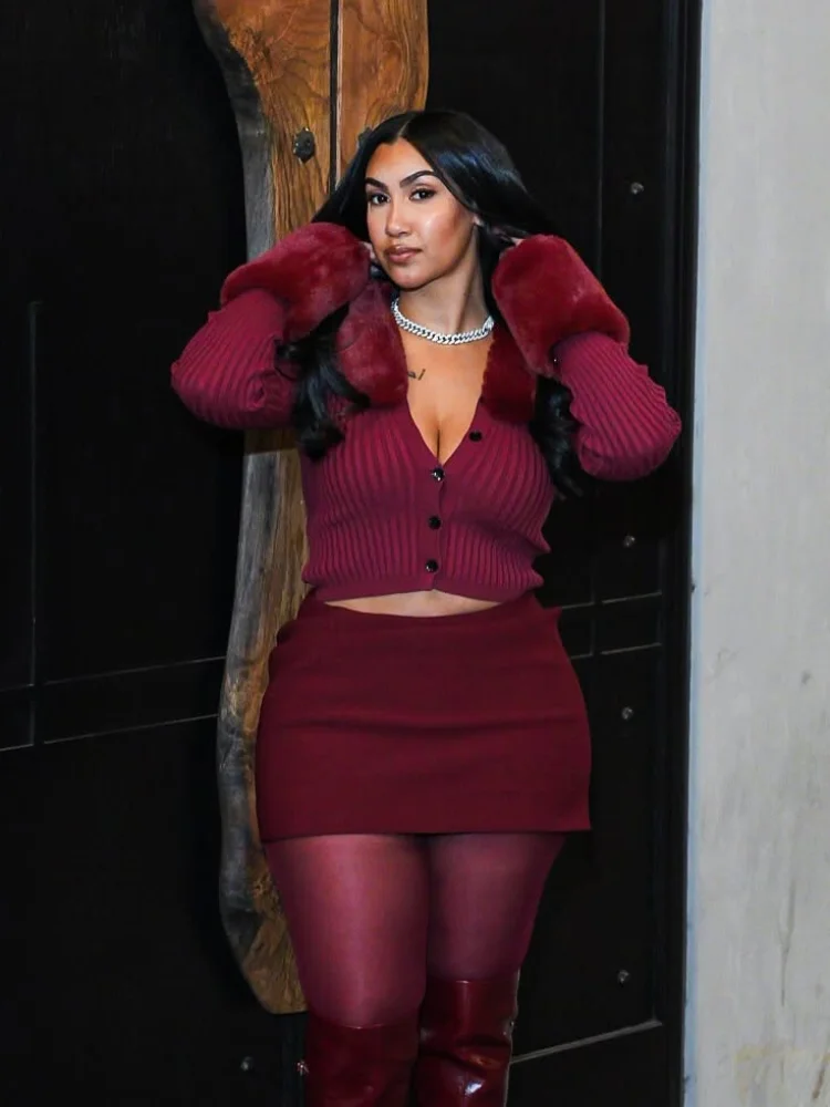 

Женский бордовый лоскутный вязаный кардиган из искусственного меха, элегантное однобортное тонкое укороченное пальто, женские повседневные уличные кардиганы для поездок на работу