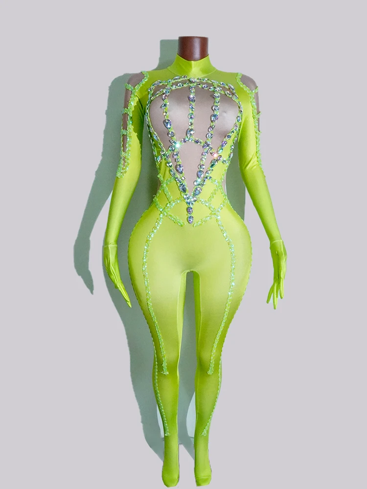 Drag Costume Sparkle Rhinestones Green Jumpsuits Long Sleeve Stage Performance Outfit Festival Birthday Party Showgirls Singer D