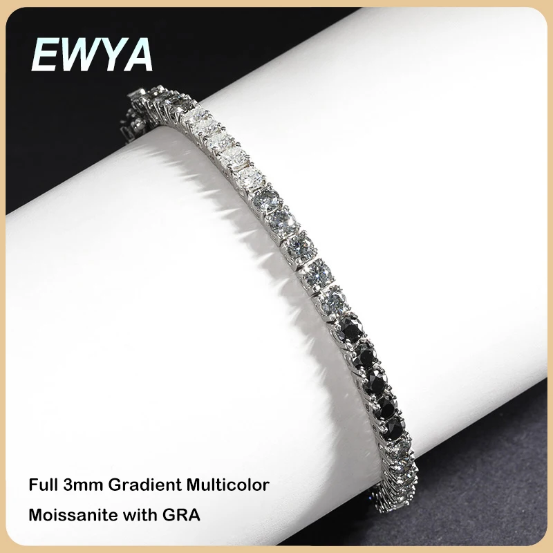 

EWYA GRA Certified 3mm 0.1CT Gradient Color Black Grey White Moissanite Tennis Bracelet for Men Woman 925 Silver Link Bracelets