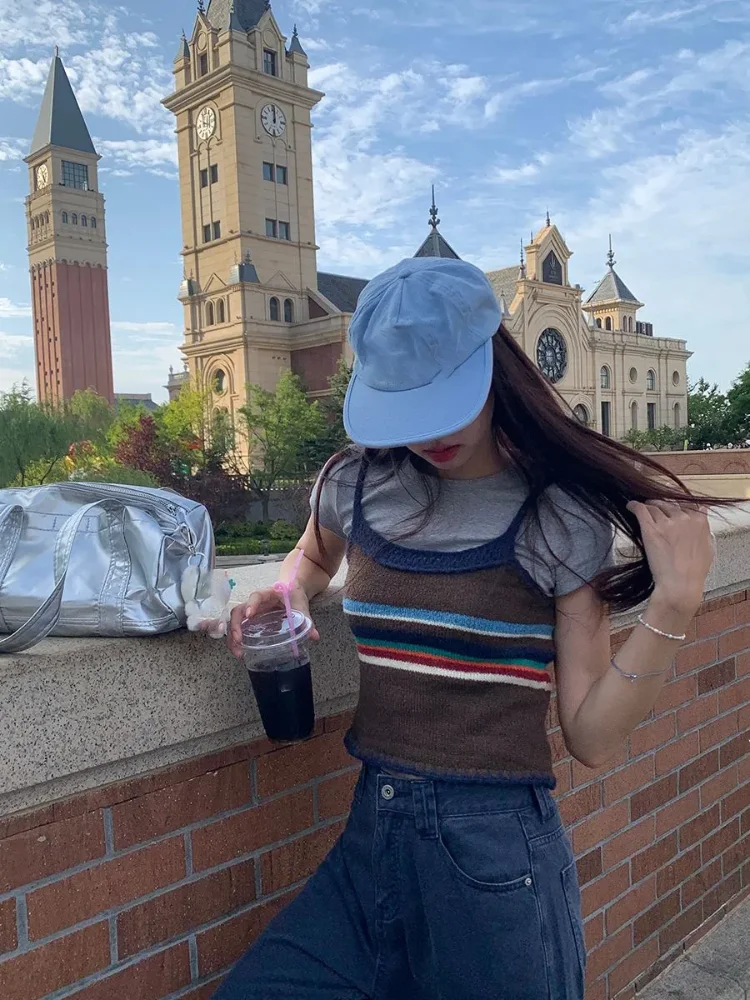 Vintage Striped Print Knitted Vest Women Overlap Slim Fit Bottom Camis Crop Top 2025 Autumn Outerwear Y2k Sweater Pulls