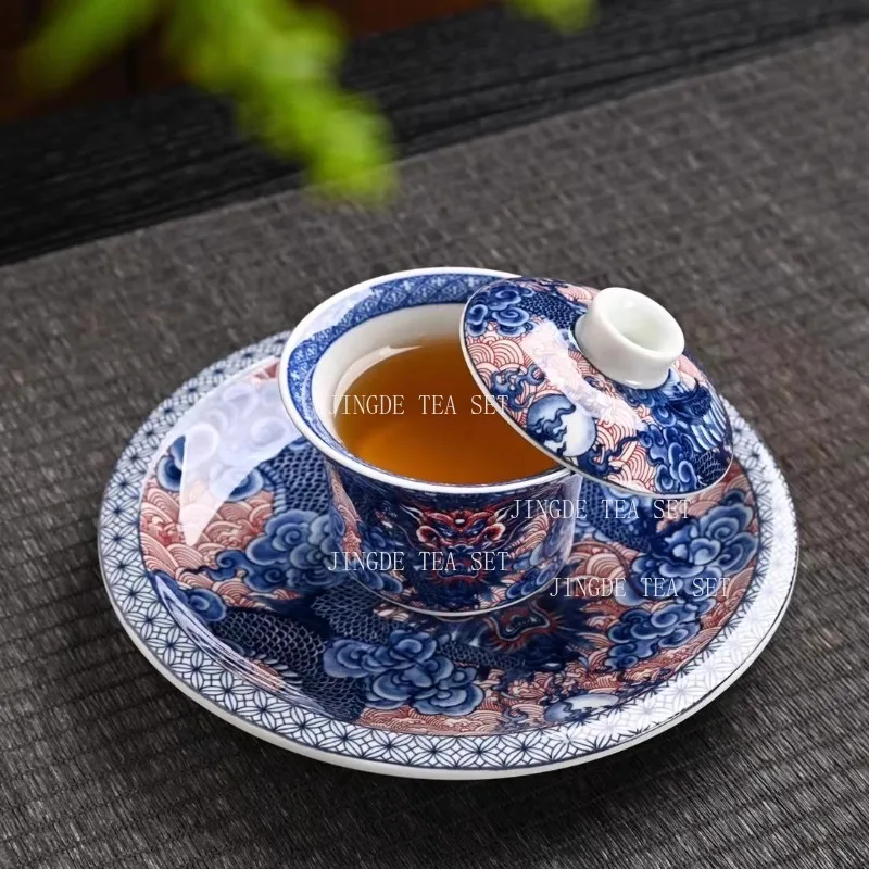 

160 мл Цзиндэчжэнь керамическая чаша с рисунком синего и белого дракона, китайская бытовая чаша из трех предметов, набор чайных чаш, миска с крышкой