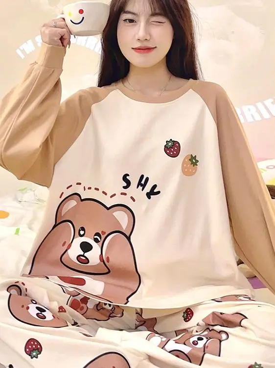 

plus Size Comfortable Cartoon Spliced Home Clothes Long Sleeve Loose Sleepwear for plus Size Women Spring Autumn Home Wear