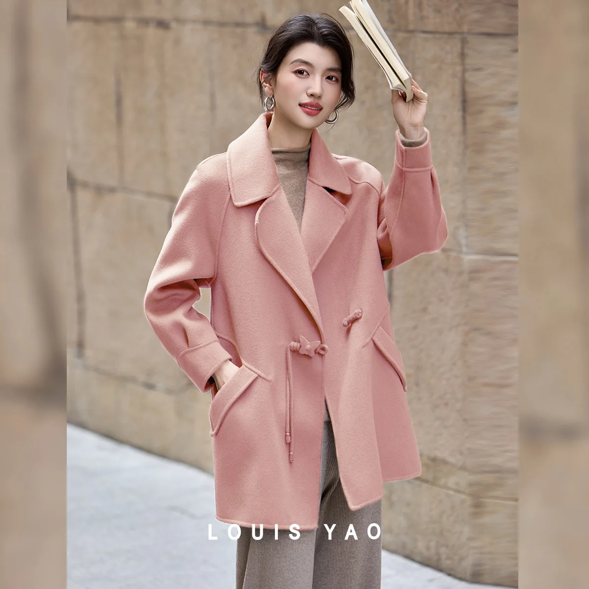 LOUIS YAO 100% Wool Women's Coat 2026 Autumn Winter Mid Length Double Faced Wool Overcoat Elegant Style Cashmere Feel Outerwear