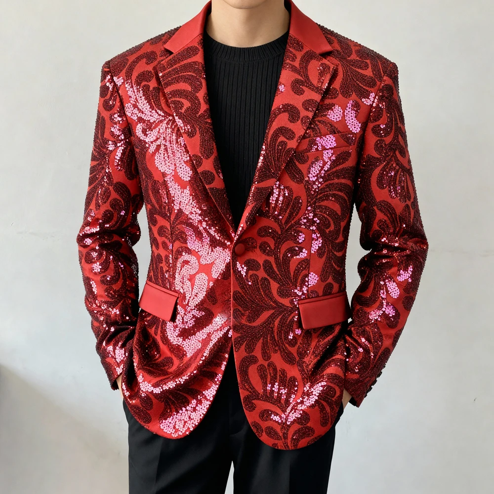 

Красный мужской костюм с вышивкой и сложной отделкой в новом китайском стиле, блестящий сценический наряд, повседневное пальто в западном стиле
