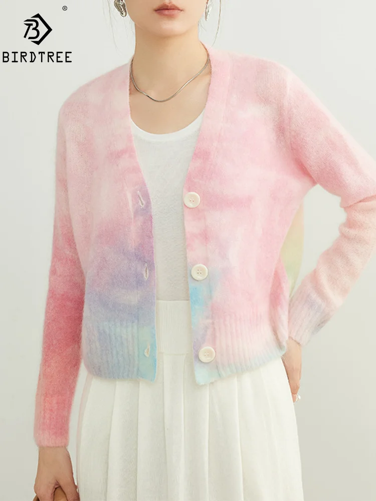 BirdTree, 33% Mohair 33%Wool Cardigans, Women Tie Dye Soft, Elegant Fashion Warm Knit Jacket, 2024 Fall Winter New C48140QM