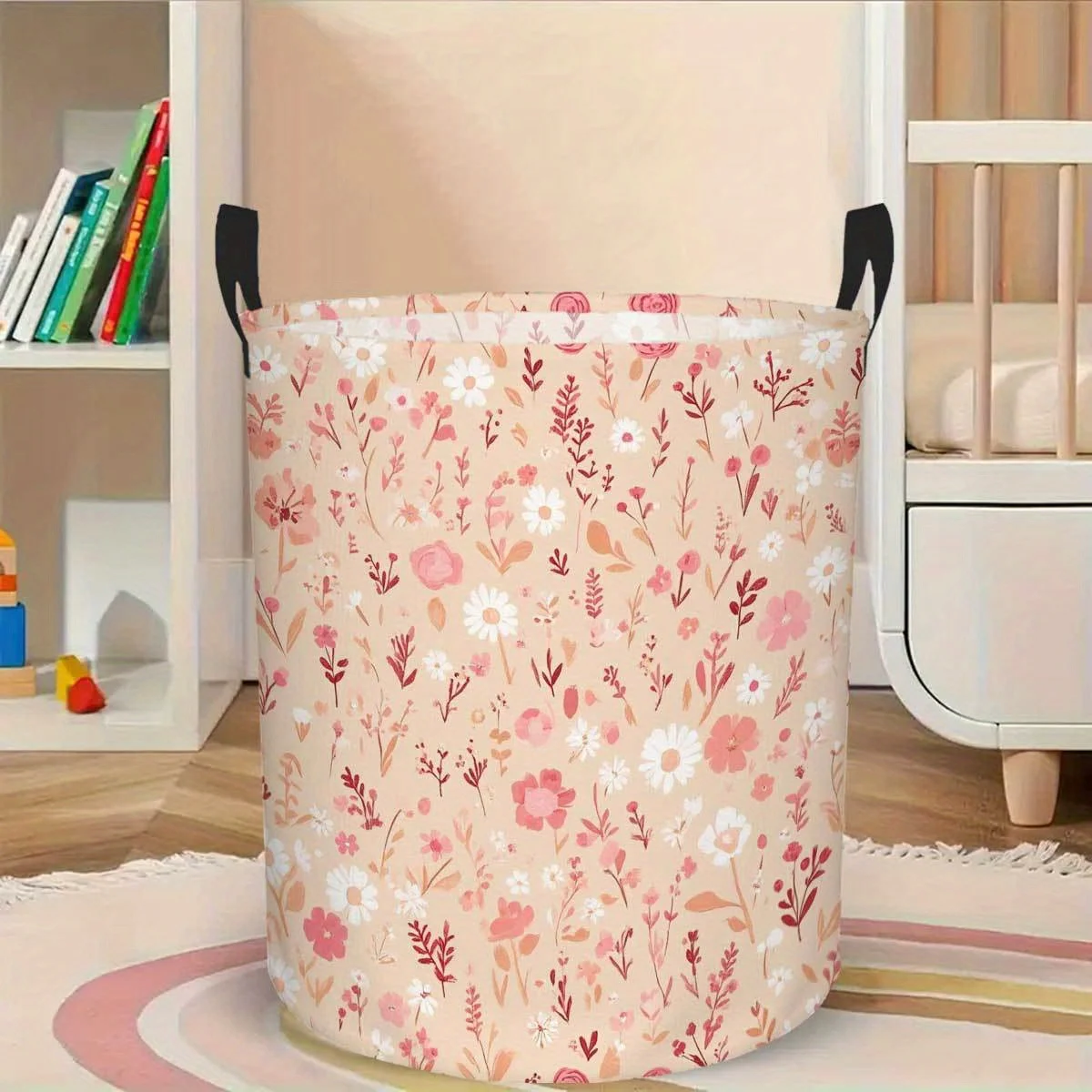 Large Laundry Basket Floral Ditsy pattern in Pink White Green Easy-Clean Lightweight Laundry Hamper with Sturdy Handles