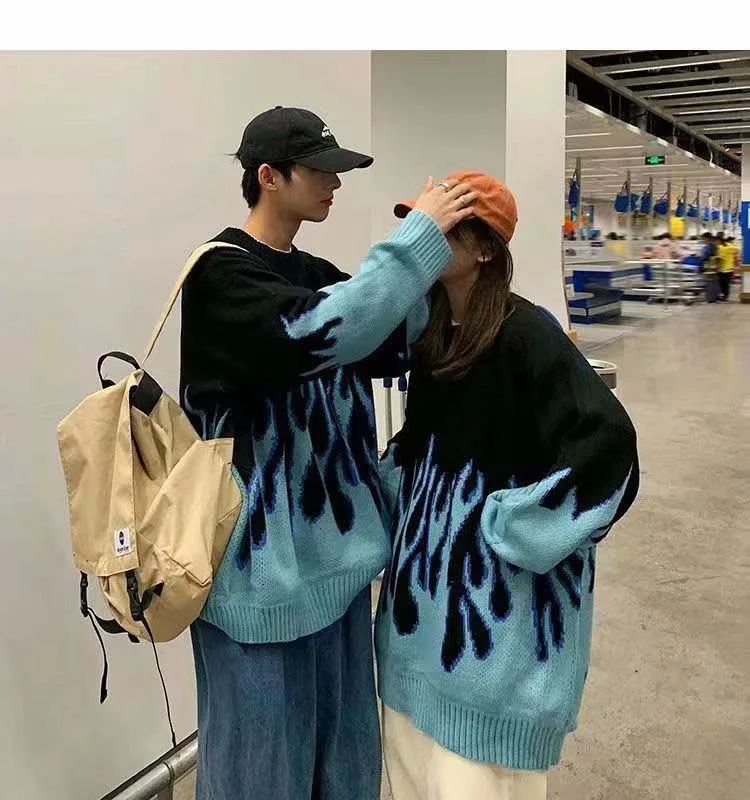 Pulôver feminino e masculino de manga comprida azul com chama extragrande, casual, solto, namorado, inverno, outono, novo