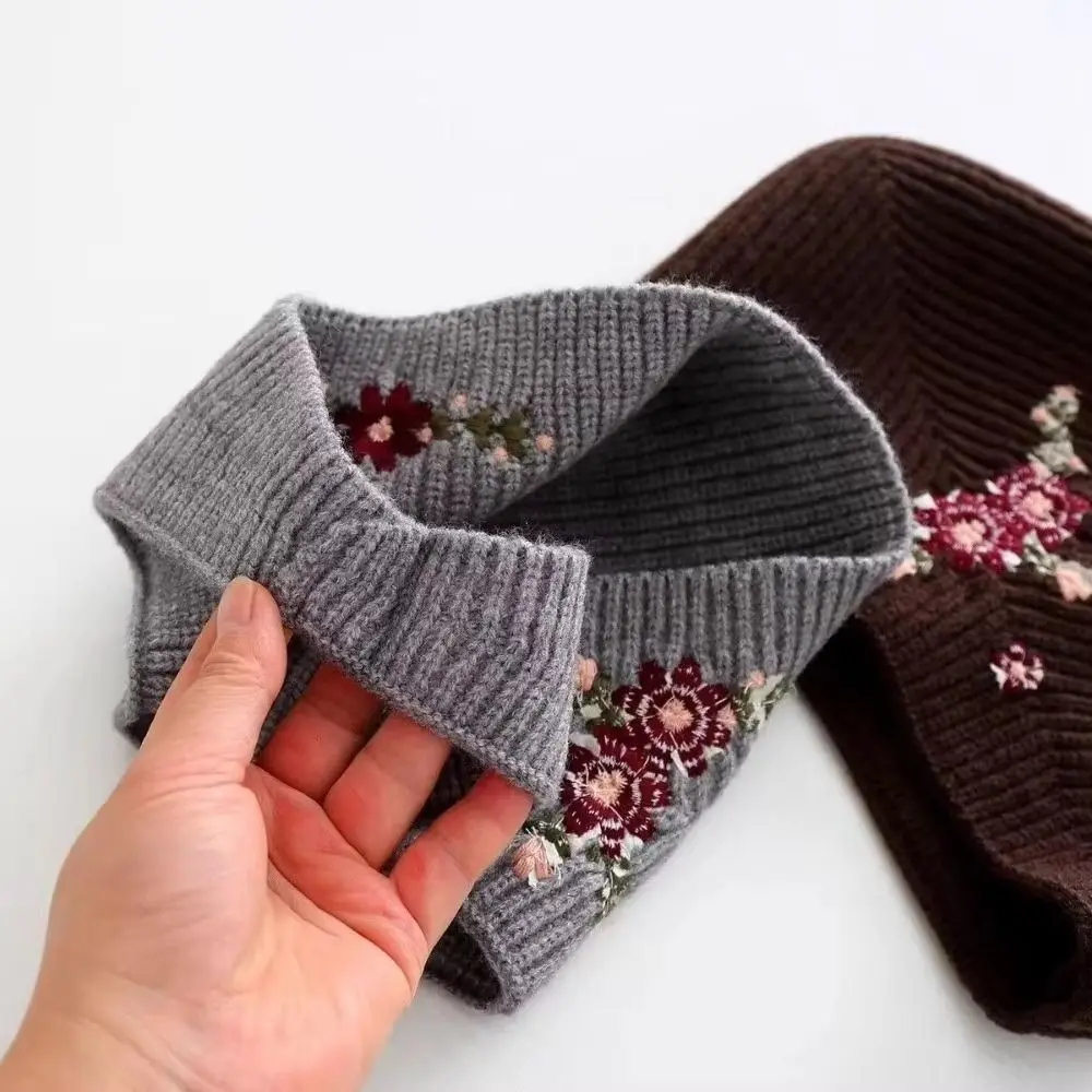 Wool Headscarf Floral Flower Embroidery Knitted Hat Retro Beanies Round Top Cap Ear Protectors Headband Bandana Women