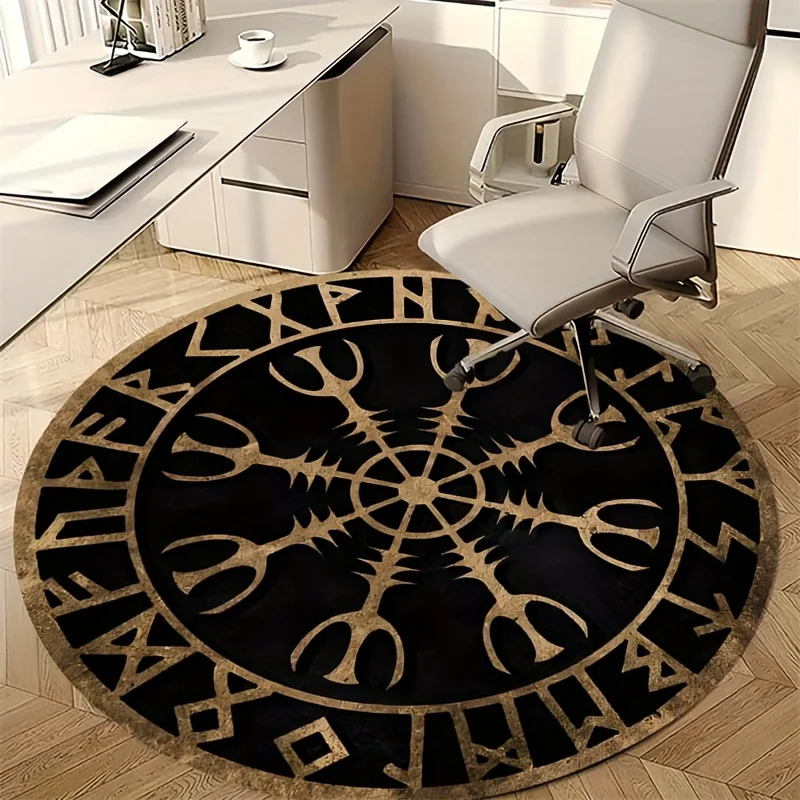 Nordic Viking Runes Round Rug – Black & Gold Crystal Velvet Non-Slip Mat for Living Room, Bedroom – Machine Washable