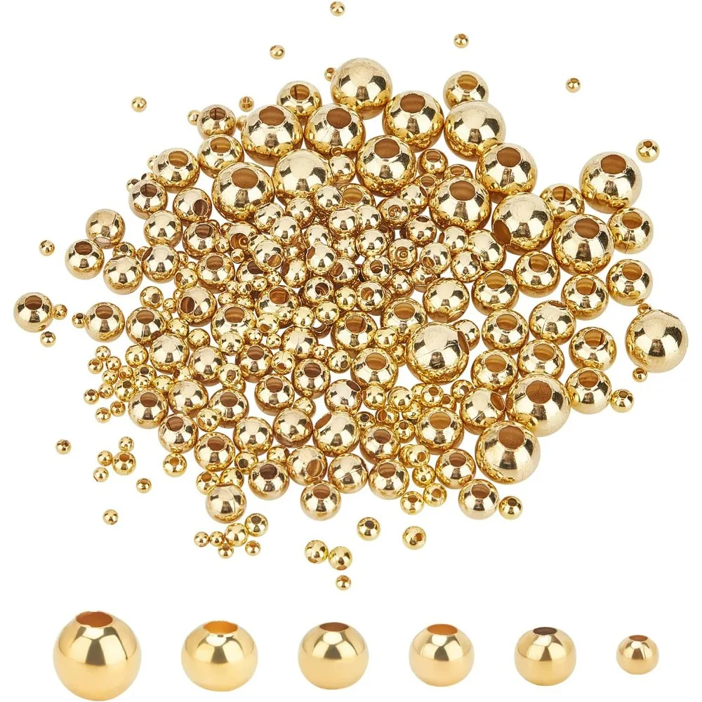 270pcs 6 Sizes Golden Stainless Steel Beads 2-8mm in Diameter Smooth Round Beads 0.8-3mm Big Hole Metal Beads Smooth Surface