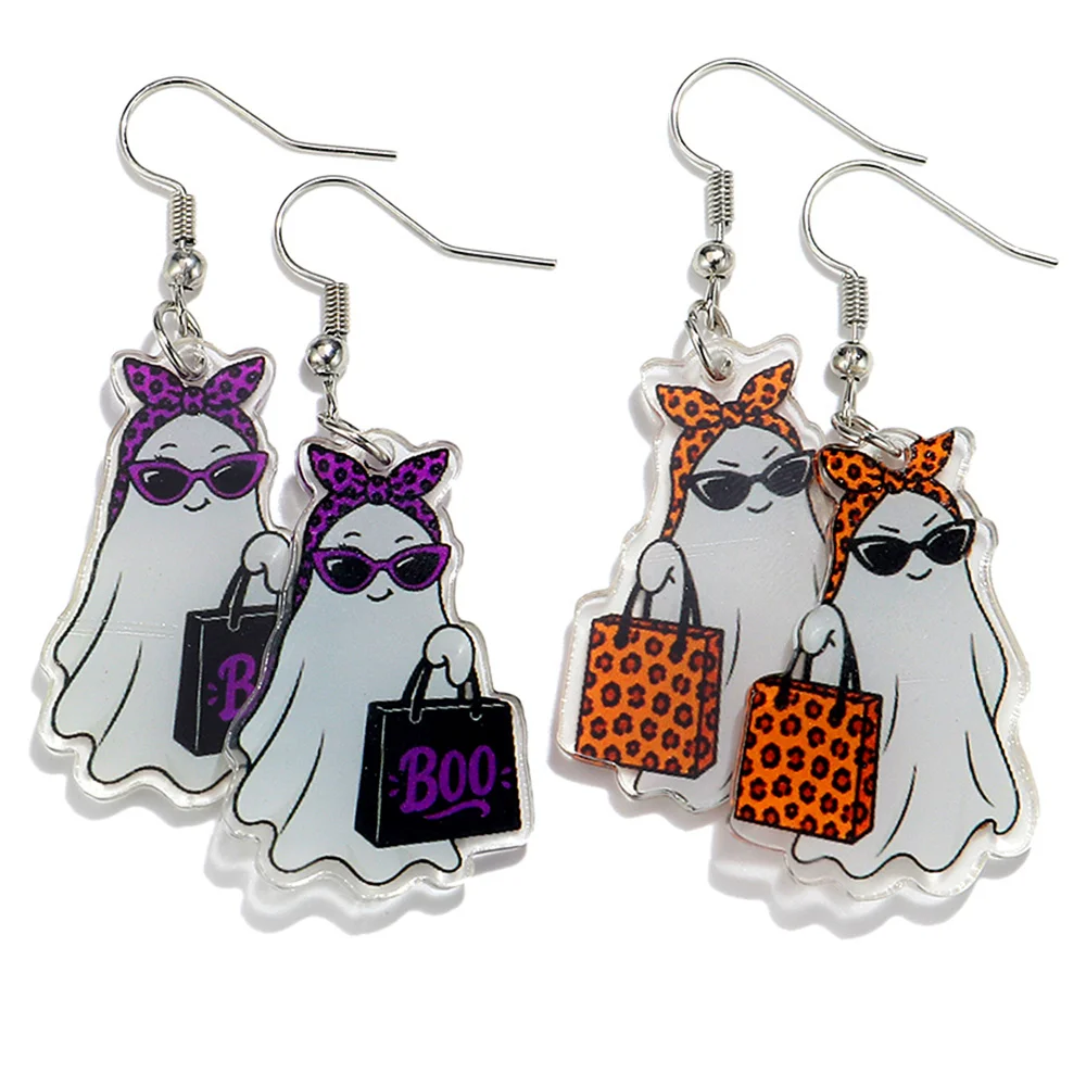 Halloween Cute Leopard Ghost Acrylic Pendant Earrings for Women Funny Spooky with Handbag Drop Earring Creative Jewelry Gift