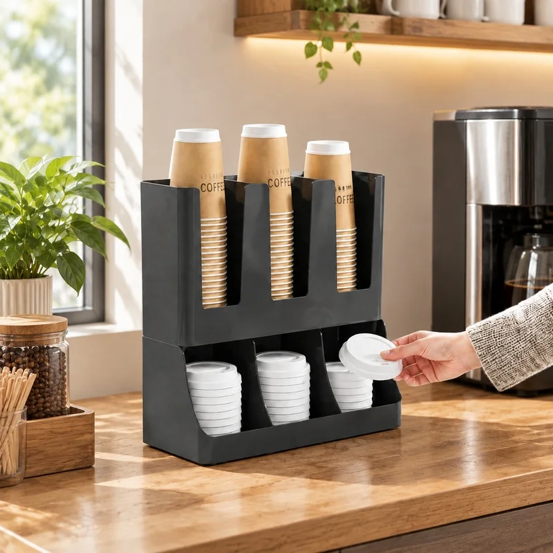 Multi-Compartment Organizer Rack for Coffee Cup Lids and Condiments, Ideal for Kitchen, Office, or Break Room Storage