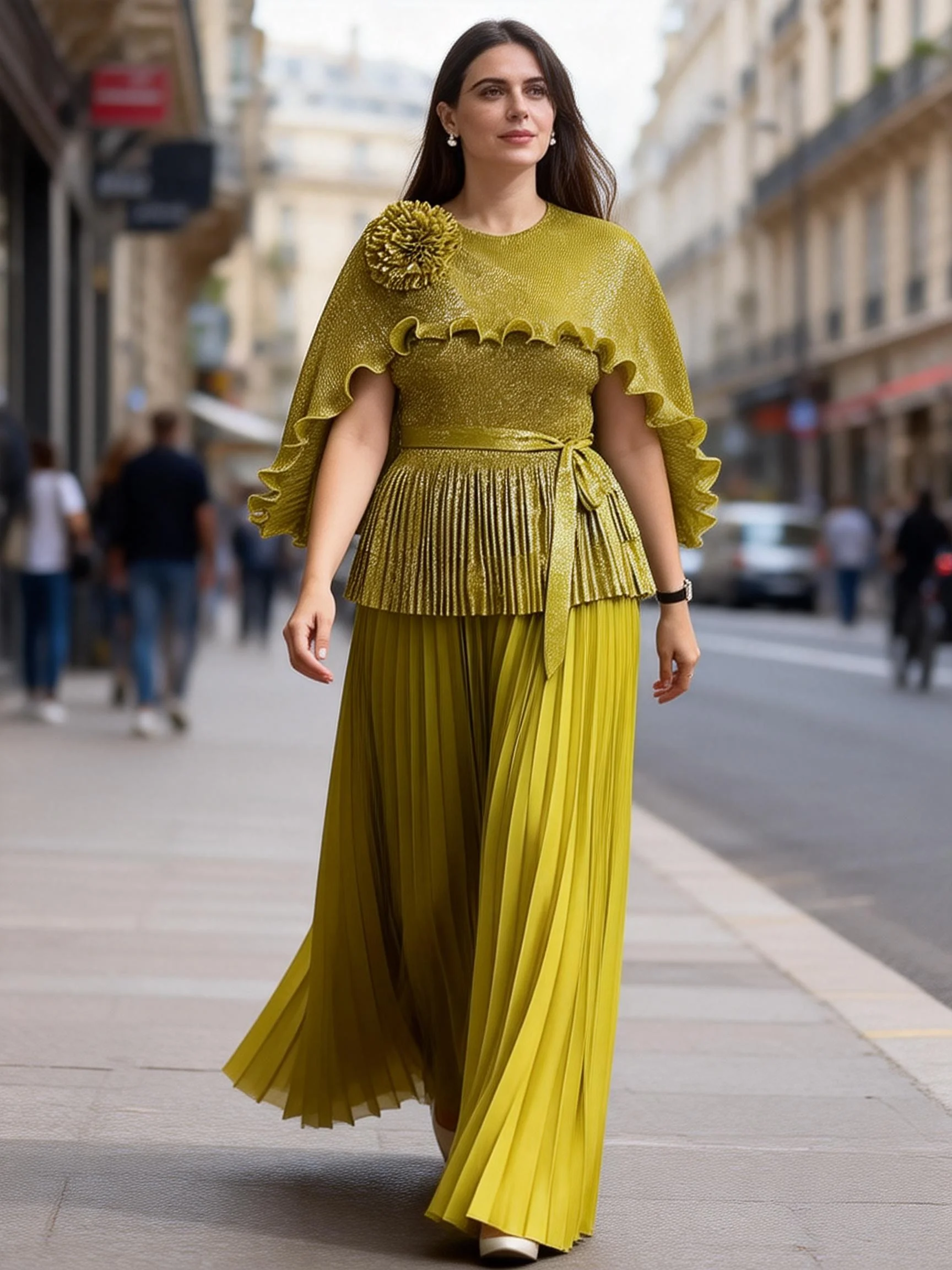 

Miyake Pleated Suit for Women 2025 New Gold Hot-hot Earrings V-neck Long-sleeved Top + Skirt Loose Large Size Two-piece Set