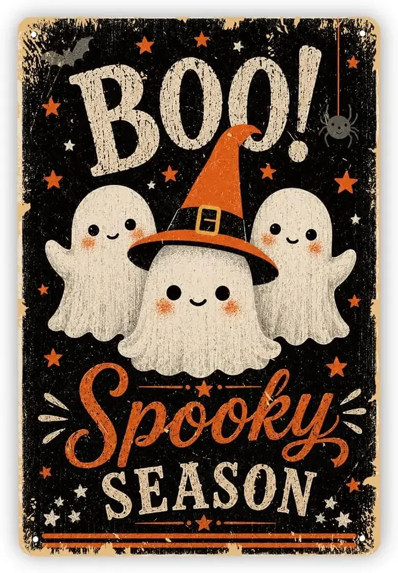 Halloween Metal Tin Sign, Spooky Decor, Boo Spooky Art, 7.9x11.8  | Three Boo Slogan Print, Sturdy Tin Plate, Anti Fade Ink, Hal