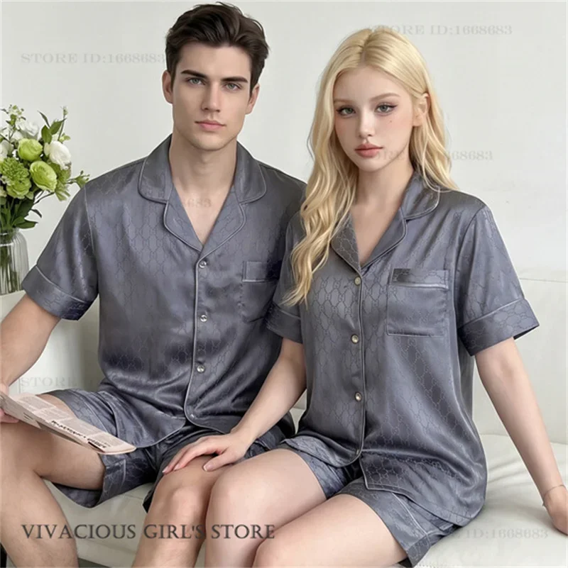 Couple Pajamas Set Loungewear Gray Short Sleeve Pijamas Suit Home Clothing Spring Summer New Ice Silk Men's Sleepwear Lingerie
