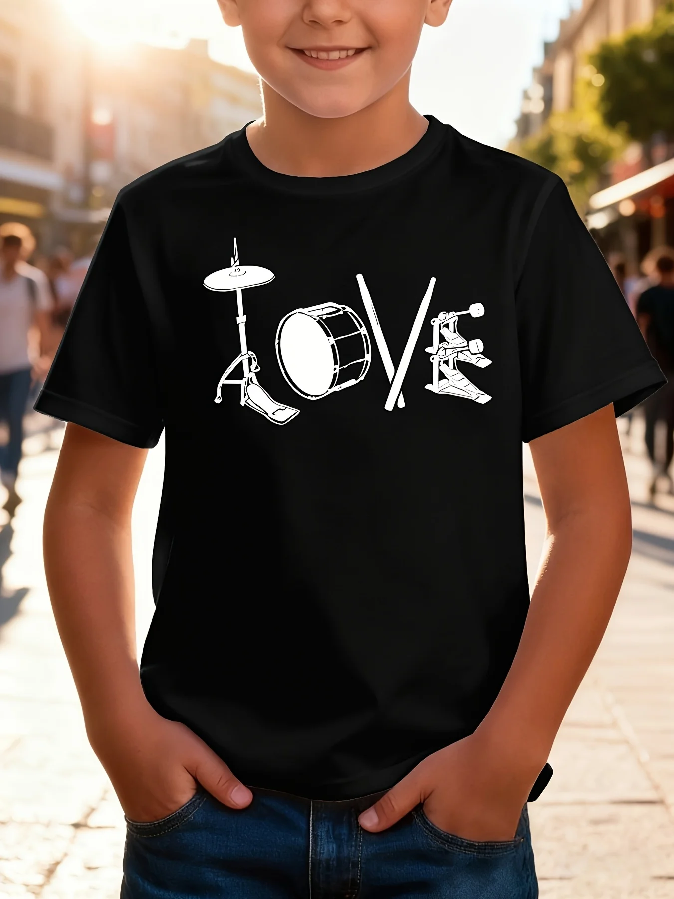 Musical Drum Kit Love Letter Art Print Boys Girls Family Matching Cotton Short Sleeve Crew Neck Soft Summer Kids Casual Tees