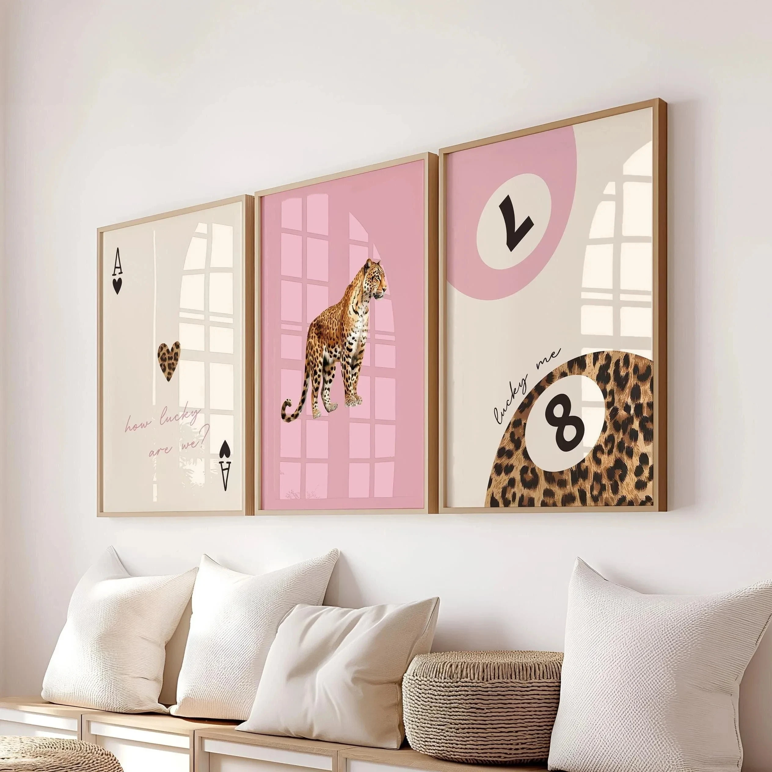 

3pcs Minimalist Pink Leopard Cheetah Animal Canvas How Lucky We Are 8-ball Poster Modern Living Room and Bedroom Home Decoration
