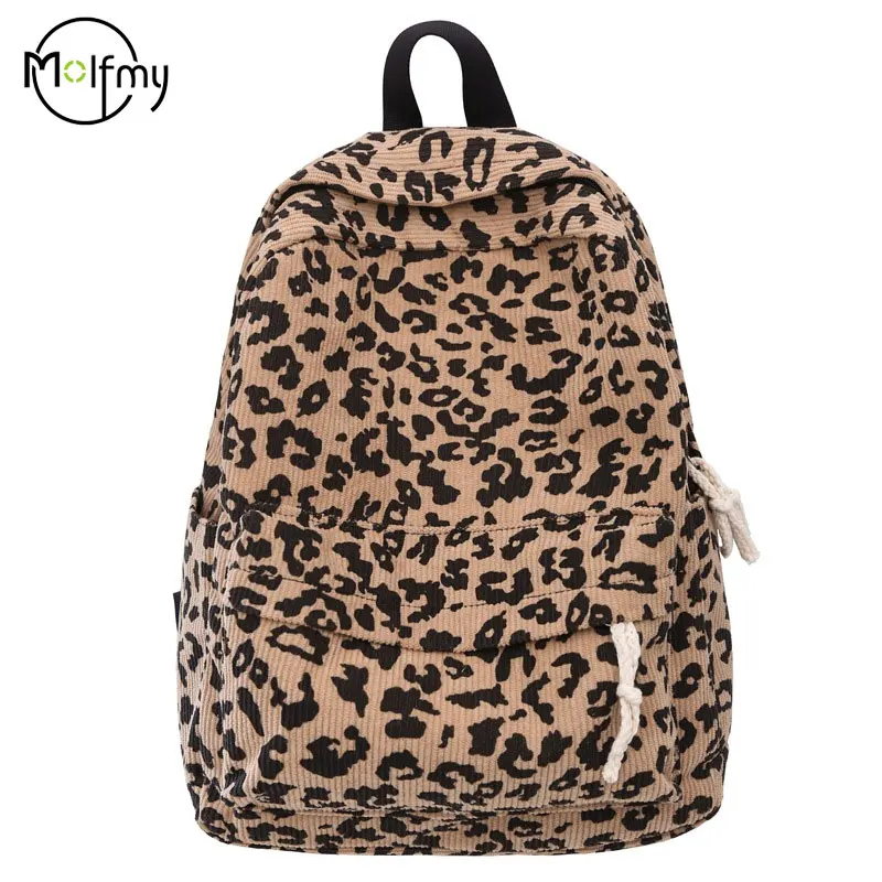 Leopard School Backpack Corduroy Middle School Bag Multi Pockets Casual Laptop Backpack Lightweight Bookbags Nylon Travel Bags
