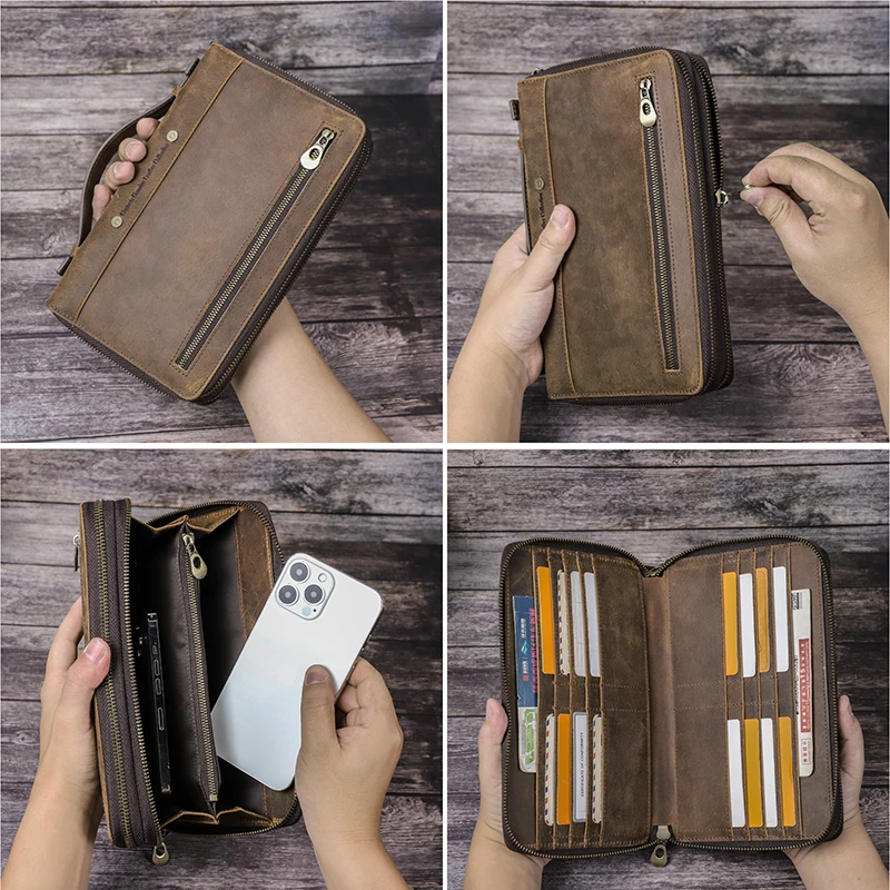 CONTACT'S-Pochette en cuir véritable pour homme, sac à main long RFID, poche pour téléphone, porte-monnaie, porte-cartes, grande capacité