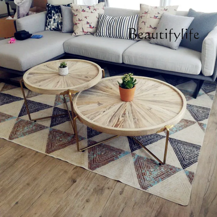 Nordic old round coffee table sofa edge table modern simple solid wood creative wrought iron round table