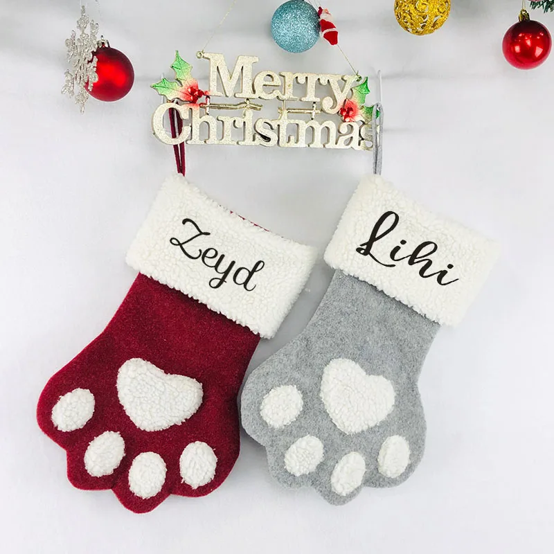 

Personalised Cat and Dog Red and Grey Christmas Stocking Paw Print Dog Stocking Pet Dog Christmas Stocking Custom Gift for Dogs