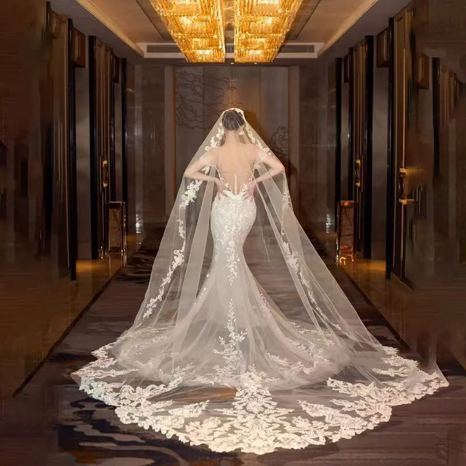 White Ivory Long Cathedral Length Bridal Veils Appliques Stock Wedding Veils Wedding Accessoires De Mariage Boda Voile De Mariée