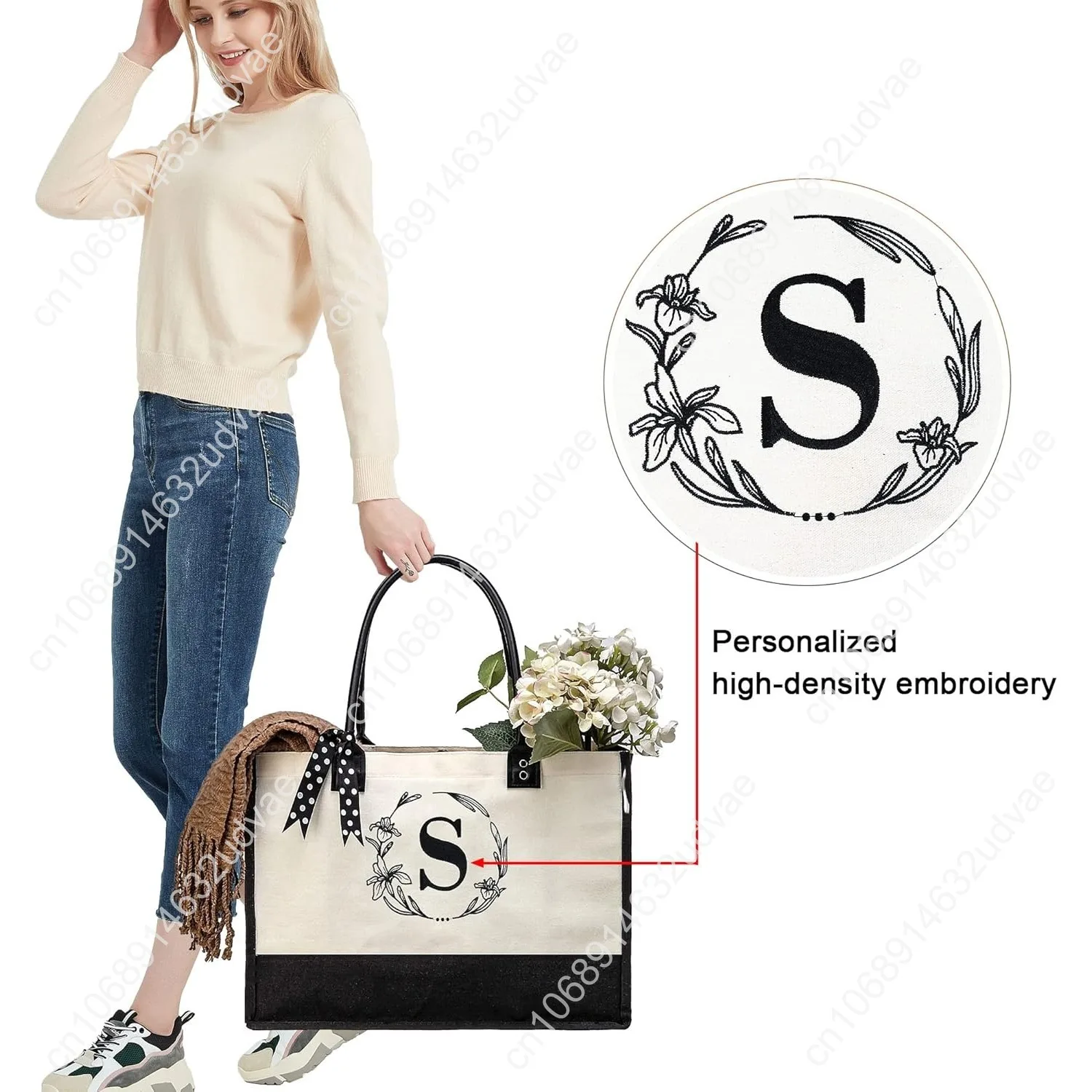 BeeGreen Mother's Day Gifts Personalized Women's Large White and Black Canvas Tote Bag, Embroidered Initials, Leather Handle, Zi