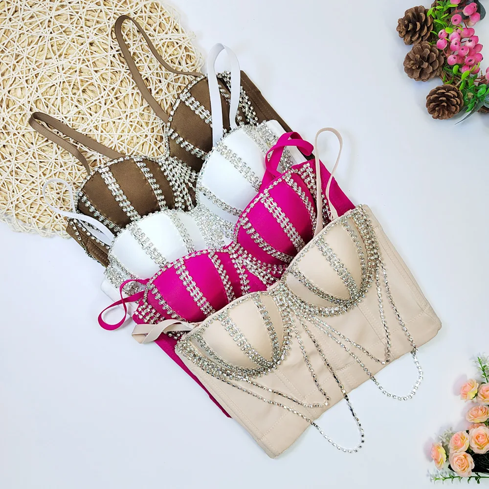 Chic Rhinestone Chain Beading Lady Corset Sexy Shiny Dancer Performance Bustier Girl Tank Top Lady Cropped Top Club Party Bralet