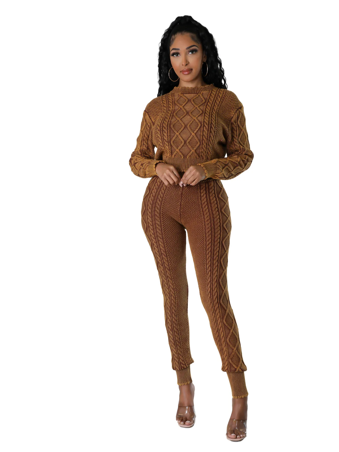 HR23111 Women's Wash Worn Style Knitting Diamond Fried Dough Twists Pullover Sweater Suit