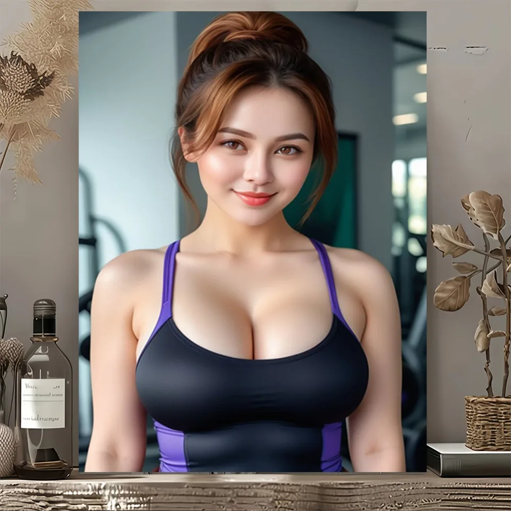 Vintage Sporty Asian Woman Metal Tin Sign - Retro Energetic Girl with High Ponytail Brown Hair in Black & Purple Workout Tank To