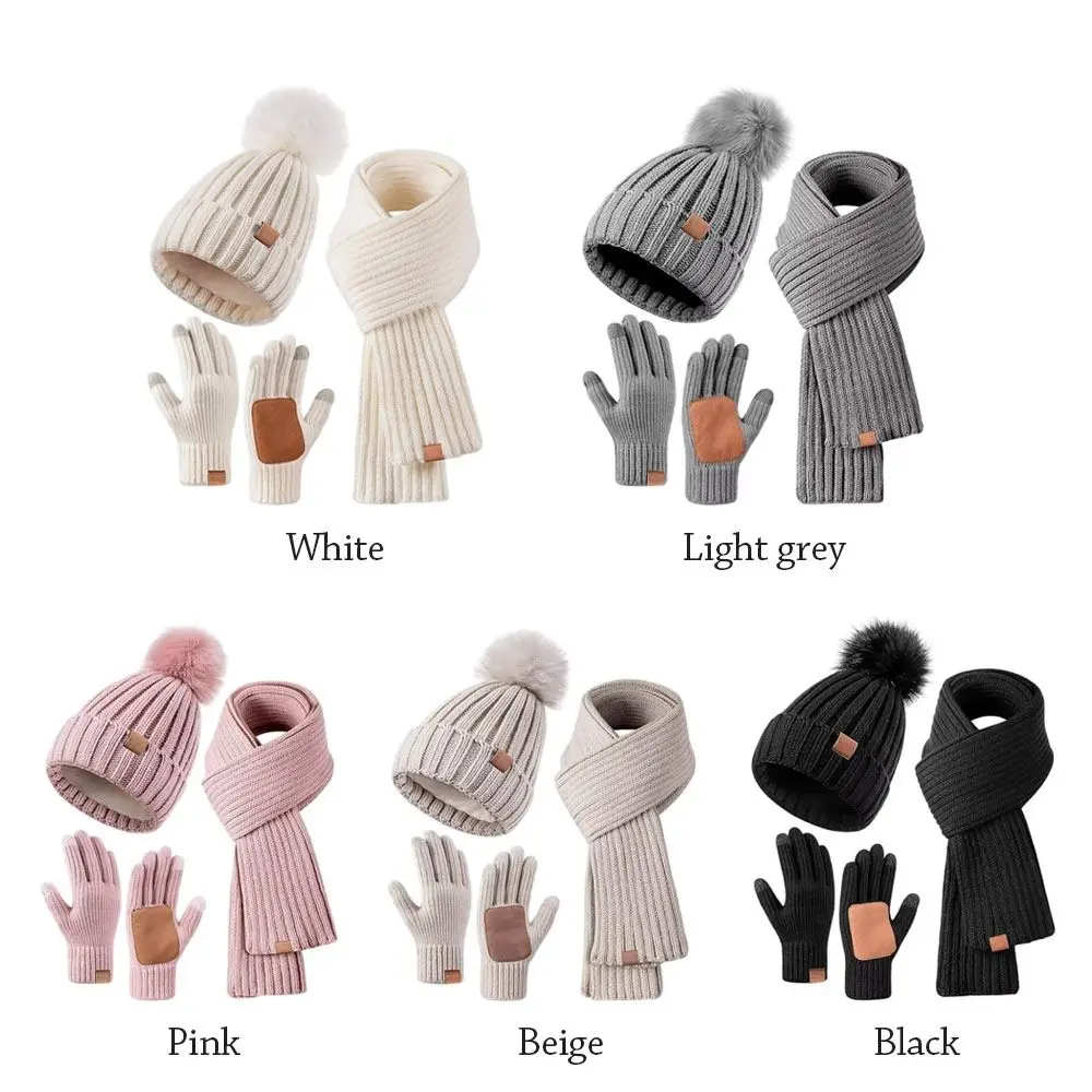3Pcs/Set Gift Warm Women Hats Scarf Gloves Set Ear Protection Non-slip Knitted Hat Windproof Touchscreen Gloves Outdoor