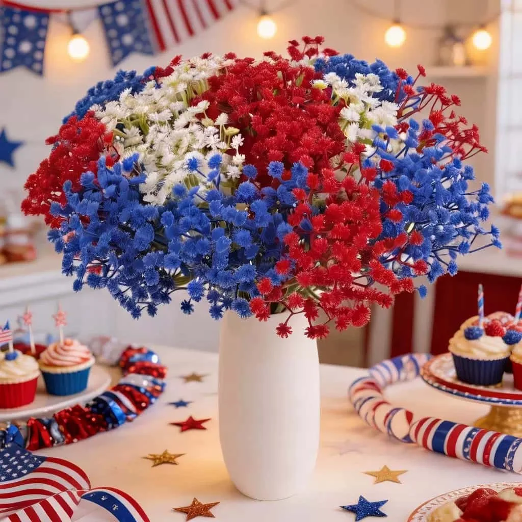 30PCS Mixed Color Patriotic Artificial Gypsophila Flowers, Fake Red White Blue Baby Breath for 4th of July - Party Home Deco
