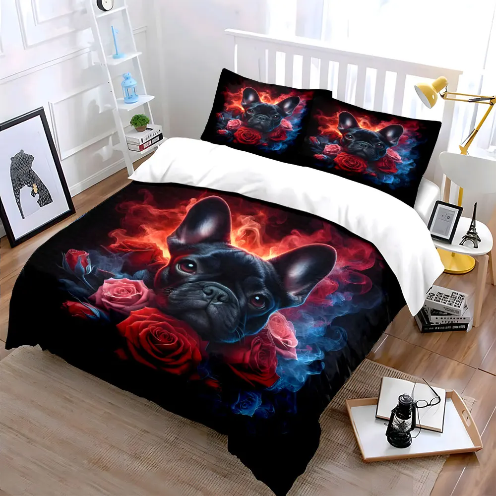 Black French Bulldog with Vibrant Roses Duvet Cover Set with 3D Printing Design Soft Polyester Bedding Set All-Season Comfort