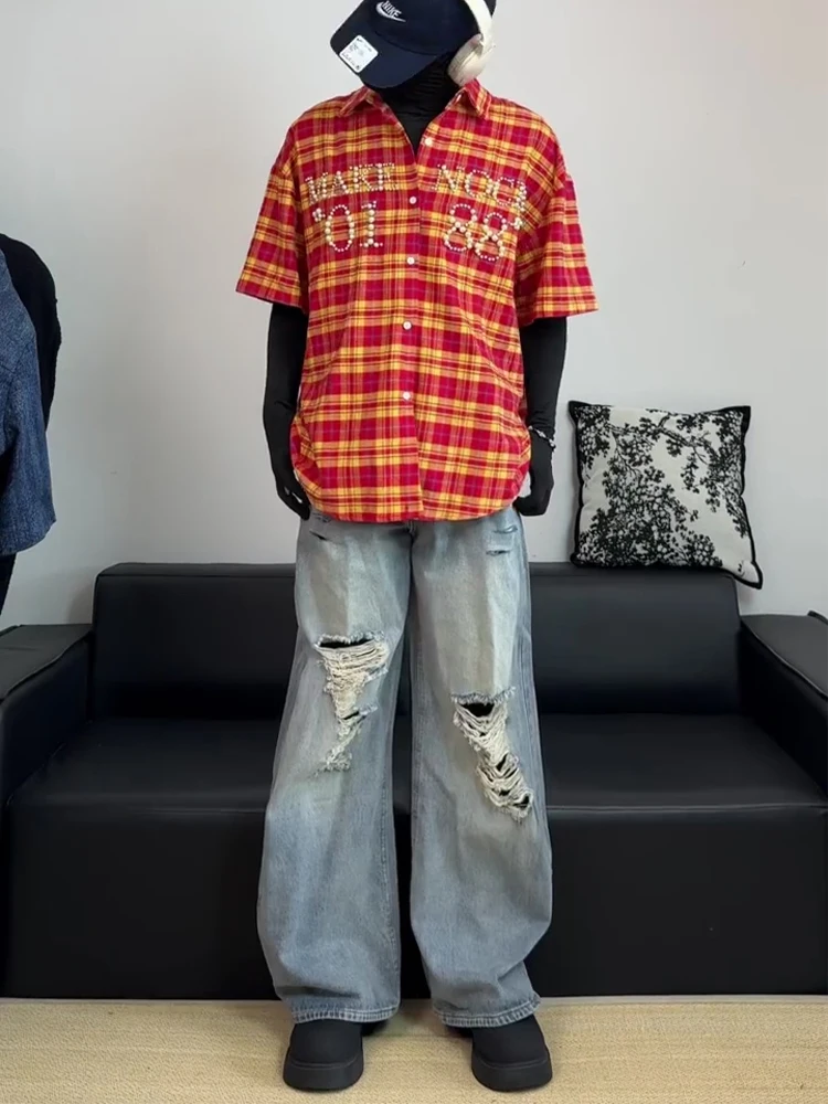 

Light Blue Men's Jeans High Street American Style Knife Wide Leg Pants Torn Loose Straight Fit Casual Autumn Jeans