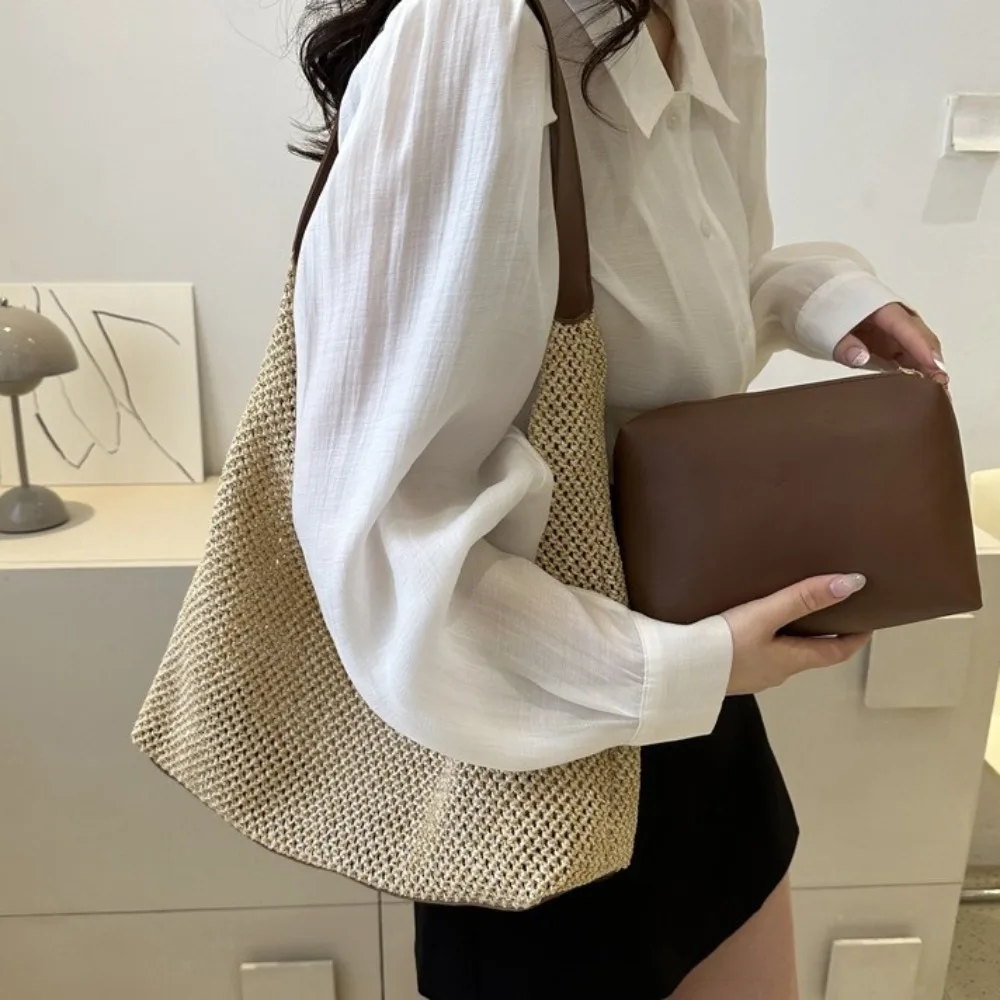

Casual PU Leather Weave Straw Bag Bohemian Style Large Capacity Beach Hobo Bag Handbag with Clutch Bag Shoulder Bag Shopping