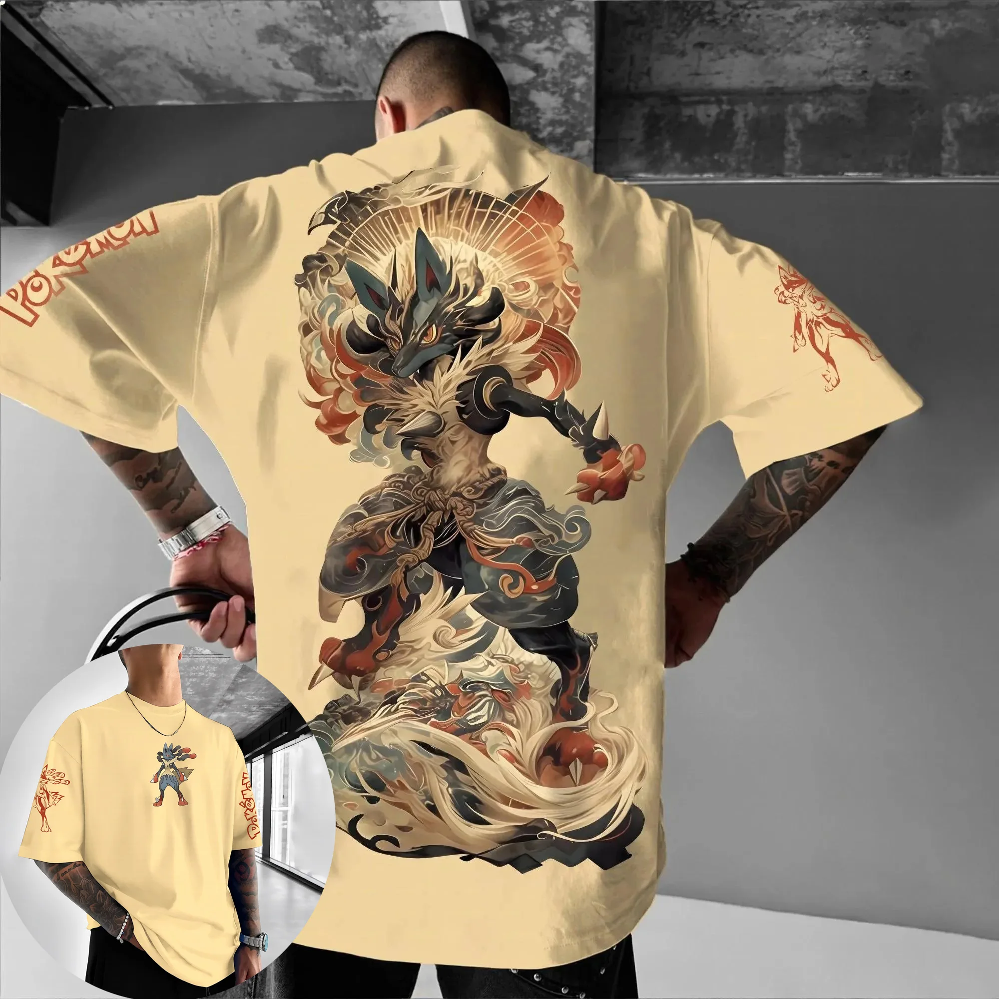camiseta-unissex-pokemon-anime-lucario-2026-nova-colecao-verao-masculina-moda-americana-casual-solta-pesada-oversized
