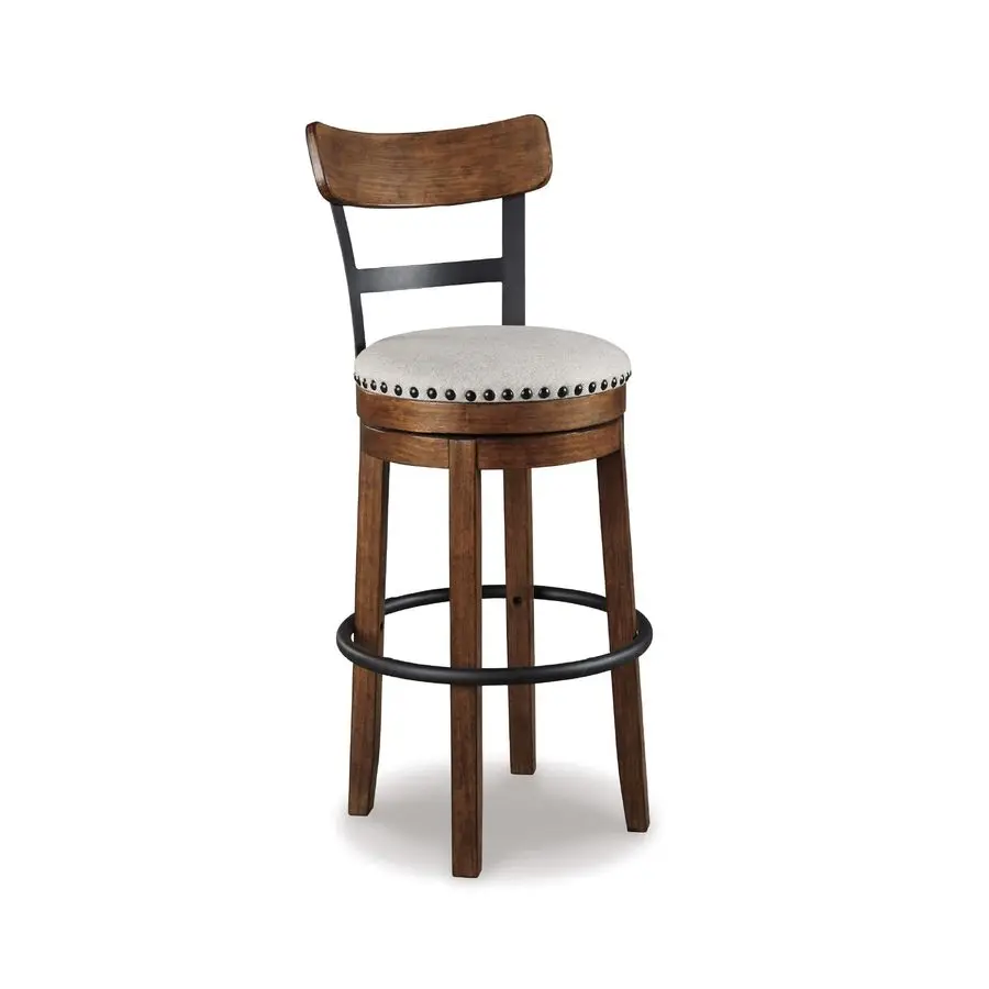 Valebeck 30 Farmhouse PubHeight Swivel Barstool With Back Upholstered Cushion, Nailhead Trim, Metal amp Wood Frame, Brown