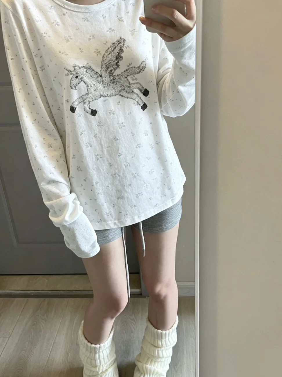 Sweet Floral Long Sleeve T-Shirt Women's Early Autumn Korean Style Print round Neck Loose Slimming Base Layer Top