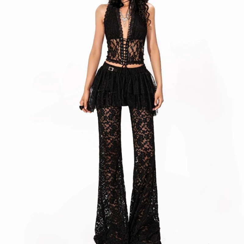 Vintage Gothic Style Black Lace Mesh Women's Bell-bottoms 2025 Autumn New Sexy Jazz Hot Girl Fake Two-Piece Skirt Pants Ladies