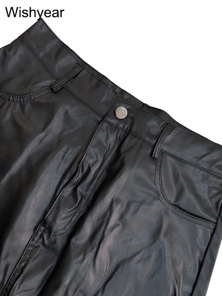 Pantaloni impilabili da motociclista in ecopelle PU moda donna autunno inverno pantaloni elasticizzati con cerniera con bottoni caldi streetwear vestiti y2k