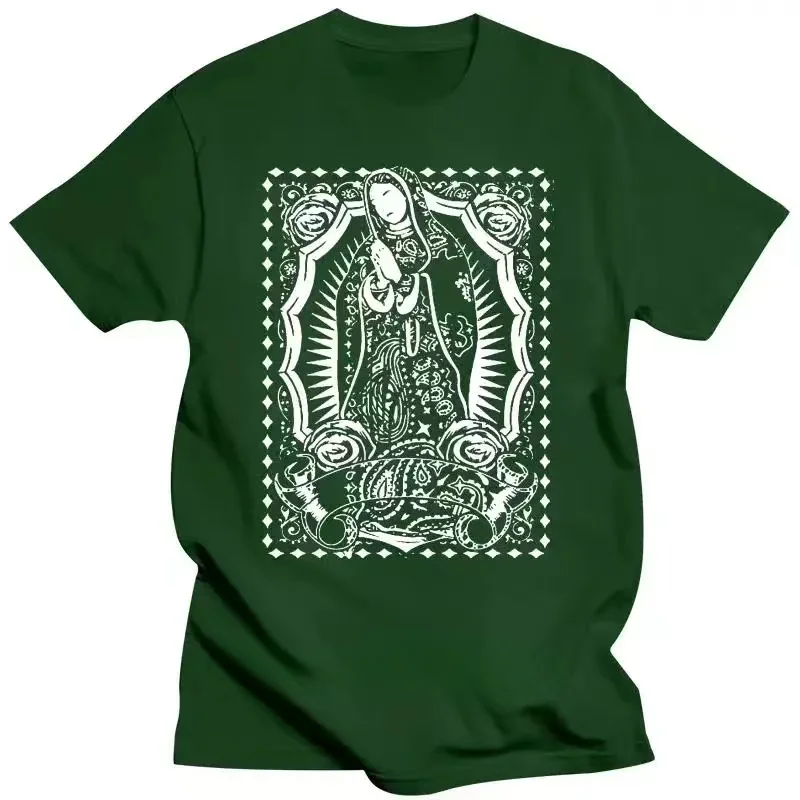 Men summer t-shirt funny print short sleeve Virgin Mary Red Bandana Print T Shirts Mexican Cholo Chicano Art LA Blood Tee