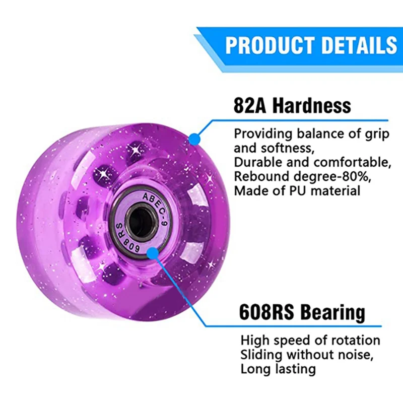 A89E-8-Piece 32 X 58Mm 82A Roller Skates with Bearings, for Indoor or Outdoor Use, with Wrench for Wheel Removal Purple