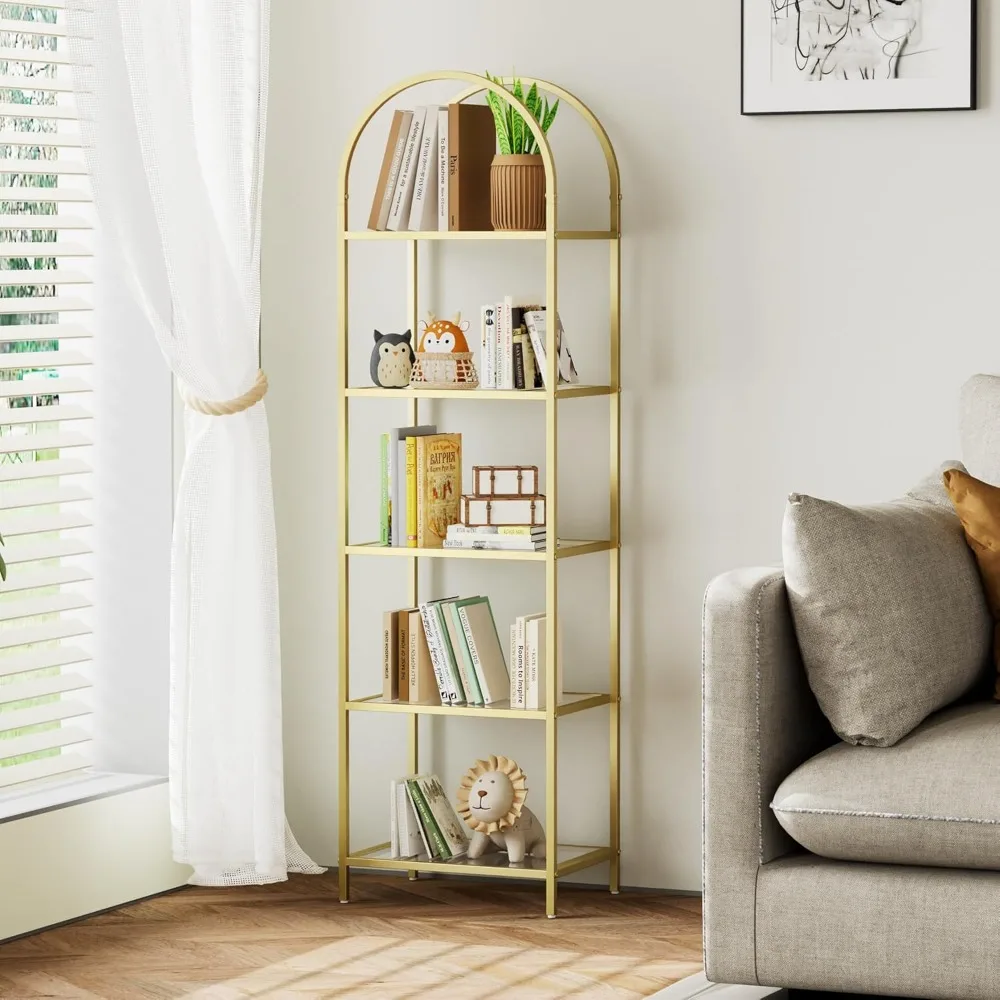 

5-Tier Narrow Bookshelf Arched Display Rack, Skinny Tall Bookcase, Metal Frame and Tempered Glass Shelves, Ideal for Living Room