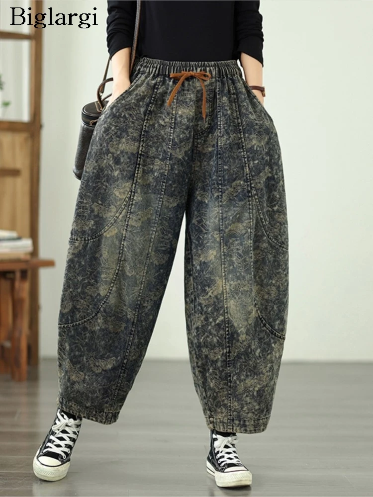 

Джинсы большого размера, осенние брюки в стиле ретро, женские модные свободные брюки с цветочным принтом, женские брюки-шаровары с эластичной резинкой и высокой талией