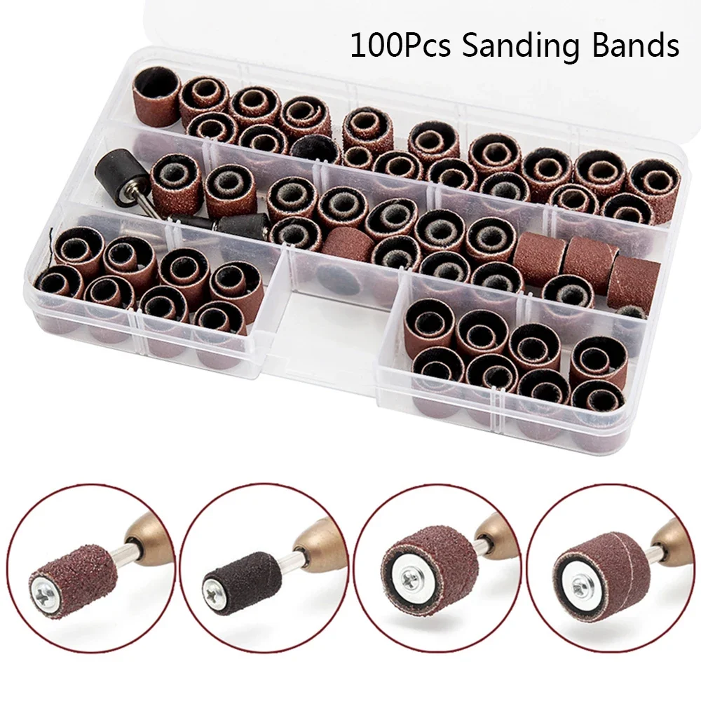 

100PCS/Set Drum Sanding Kit + 4Pcs Band Mandrel Rotary Tool Nail Drill Bits Abrasive Tools Sander Drum Mandrel for Dremel Tool