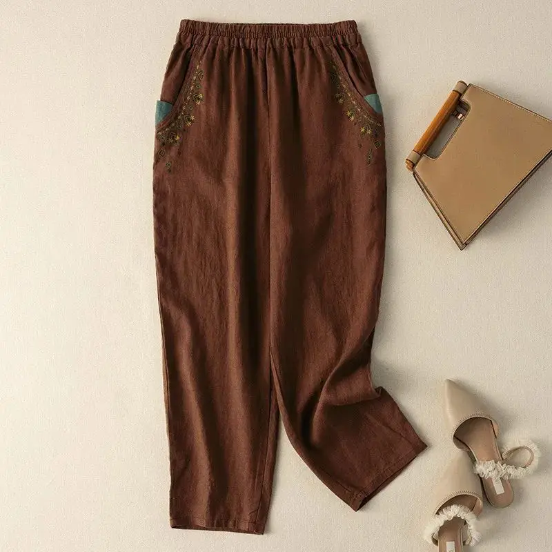 Embroidery Linen Solid Casual Elastic High Waist Loose Wide Leg Women's Pants Ankle-length Pants For Women Clothing 2026 Spring