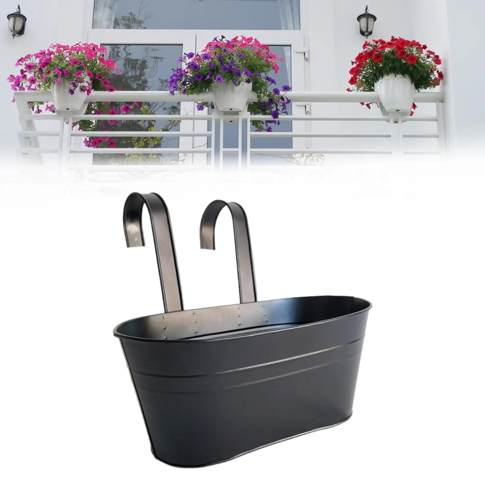 Iron Bucket Planter Hanging Flower Pot Patio Plant Pot Window Railing Flower Holder Detachable Hooks for Home Nursery Outside