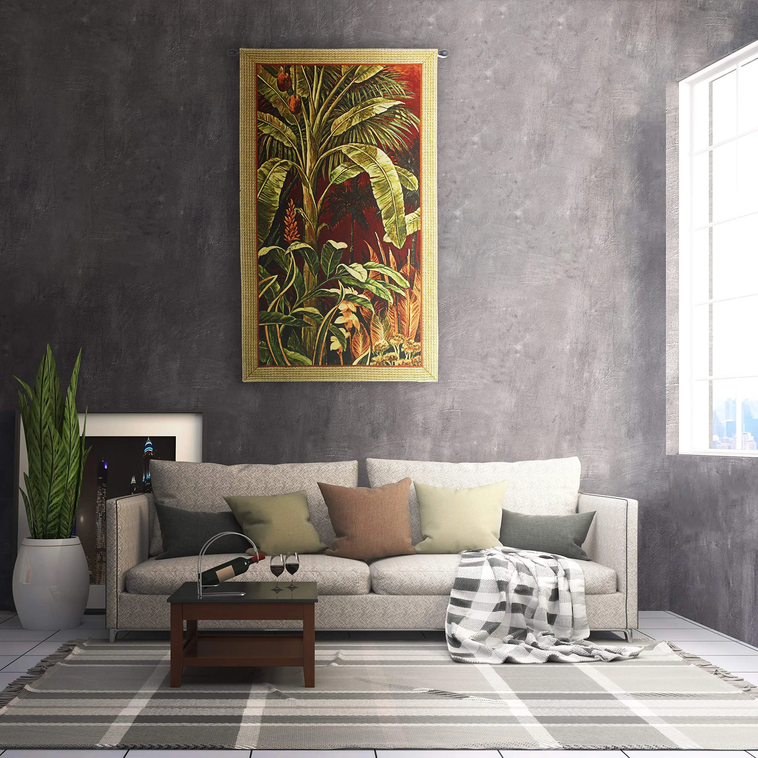 Bali Garden I by John Douglas | Woven Tapestry Wall Art Hanging | Bright Tropical Jungle Foliage on Red | 100% Cotton