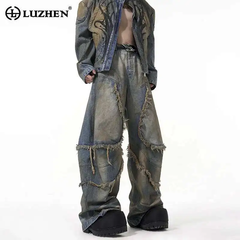 

LUZHEN Wornout Vintage Burr Patchwork Design Loose Jeans Men's Fashion 2025 New Original High Street Wide Leg Denim Pants LZ9473